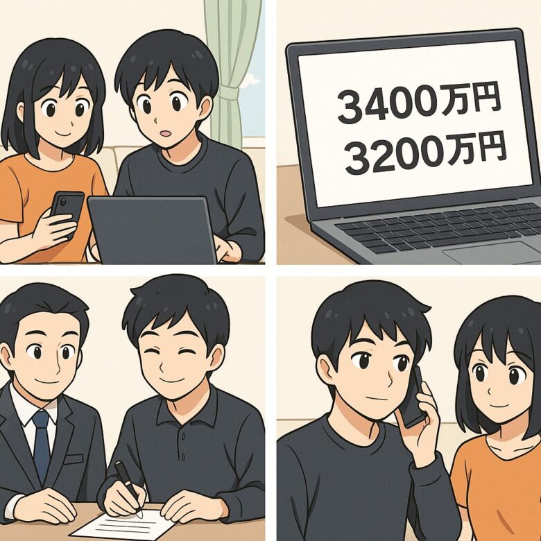 黒髪夫婦がソファでPCとスマホを操作 2) PC画面に『3400万円』『3200万円』 3) 営業マンが同行する中、夫が契約書にサイン 4) 夫が電話で営業と普通に会話し、妻が隣で微笑む4コマ漫画